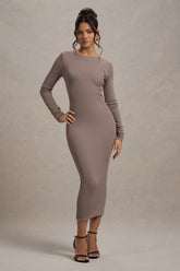 Taupe Rib Knit Cowl-Back Midi Dress